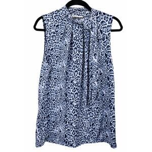 Tiffany & Grey Petite XL Blue Leopard Tie Neck Sleeveless Officecore Blouse